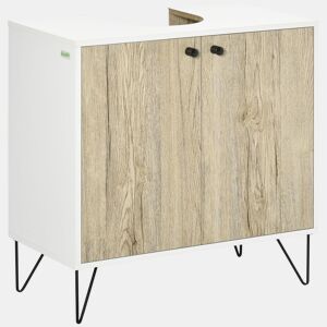 kleankin Móvel para Lavatório Pousar de Madeira Armário Casa de Banho com 2 Portas Prateleira e Pés de Aço 60x30x60cm Carvalho e Branco