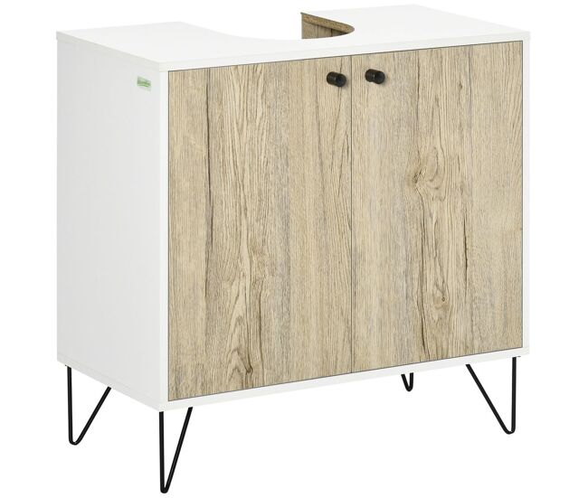 Kleankin mueble para debajo del lavabo de madera armario bajo lavabo armario de baño de suelo con 2 puertas estante y patas de acero 60x30x60 cm roble