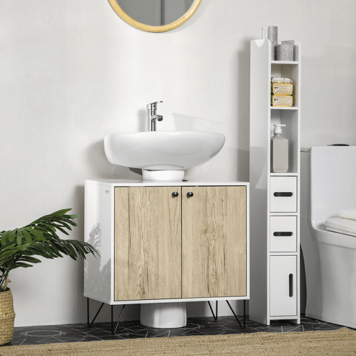 kleankin Móvel para Lavatório Pousar de Madeira Armário Casa de Banho com 2 Portas Prateleira e Pés de Aço 60x30x60cm Carvalho e Branco