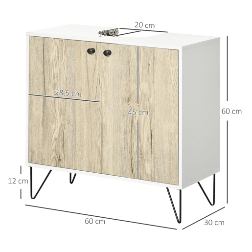 kleankin Móvel para Lavatório Pousar de Madeira Armário Casa de Banho com 2 Portas Prateleira e Pés de Aço 60x30x60cm Carvalho e Branco
