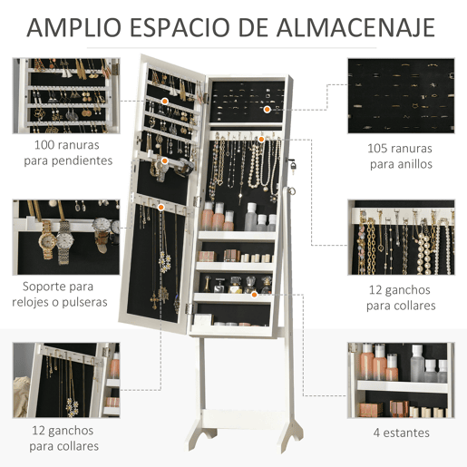 HOMCOM Espelho Armário de Pé para Joias com 3 Ângulos Ajustáveis, Fecho Magnético, Organizador de Joias com Prateleiras, Espaços para Brincos, Anéis e Colares, Branco com Interior Preto