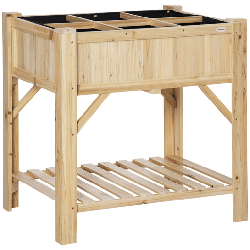 Outsunny Horta Urbana de Madeira Mesa de Cultivo com 6 Compartimentos e Prateleira Inferior para Plantas e Flores em Jardim Terraço Exterior Capacidade 80 kg 78,5x58x81 cm Cor Natural