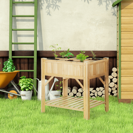 Outsunny Horta Urbana de Madeira Mesa de Cultivo com 6 Compartimentos e Prateleira Inferior para Plantas e Flores em Jardim Terraço Exterior Capacidade 80 kg 78,5x58x81 cm Cor Natural