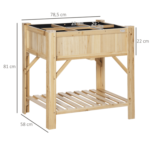 Outsunny Horta Urbana de Madeira Mesa de Cultivo com 6 Compartimentos e Prateleira Inferior para Plantas e Flores em Jardim Terraço Exterior Capacidade 80 kg 78,5x58x81 cm Cor Natural