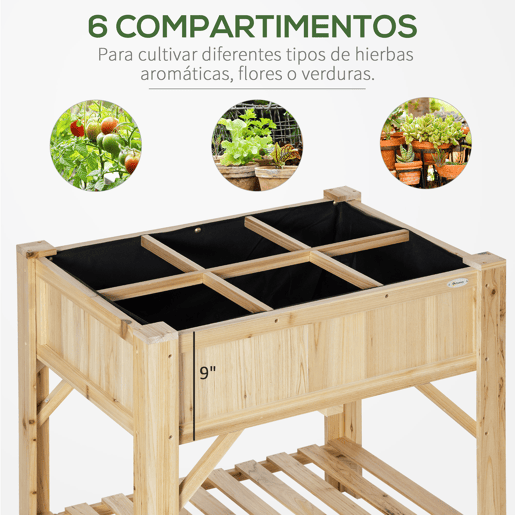 Outsunny Horta Urbana de Madeira Mesa de Cultivo com 6 Compartimentos e Prateleira Inferior para Plantas e Flores em Jardim Terraço Exterior Capacidade 80 kg 78,5x58x81 cm Cor Natural