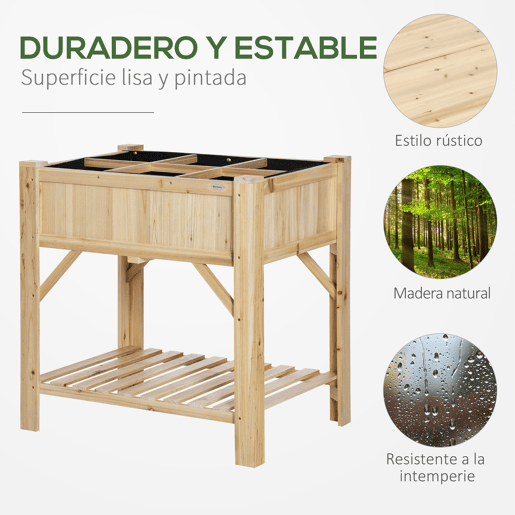 Outsunny Horta Urbana de Madeira Mesa de Cultivo com 6 Compartimentos e Prateleira Inferior para Plantas e Flores em Jardim Terraço Exterior Capacidade 80 kg 78,5x58x81 cm Cor Natural