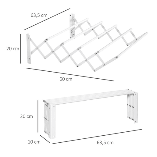 HOMCOM Estendal de Parede Extensível de 63,5cm de Metal com 5 Barras para Interior e Exterior Carga 10kg 63,5x60x20cm Branco HOMCOM Estendal de Parede Extensível de 63,5cm de Metal com 5 Barras para Interior e Exterior Carga 10kg 63,5x60x20cm Branco