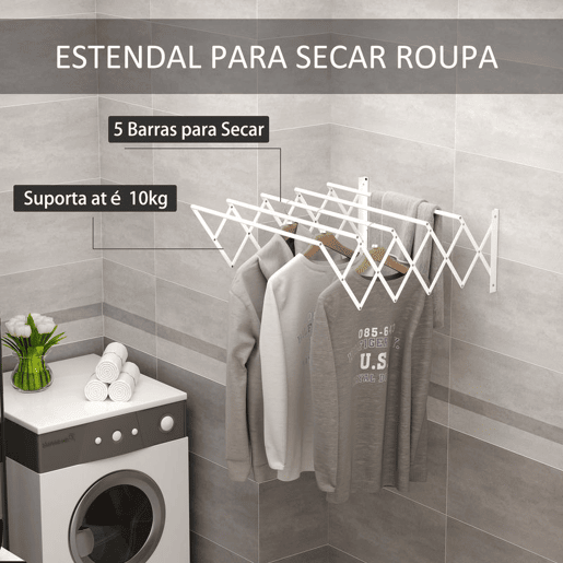 HOMCOM Estendal de Parede Extensível de 63,5cm de Metal com 5 Barras para Interior e Exterior Carga 10kg 63,5x60x20cm Branco HOMCOM Estendal de Parede Extensível de 63,5cm de Metal com 5 Barras para Interior e Exterior Carga 10kg 63,5x60x20cm Branco
