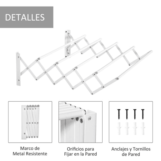 HOMCOM Estendal de Parede Extensível de 63,5cm de Metal com 5 Barras para Interior e Exterior Carga 10kg 63,5x60x20cm Branco HOMCOM Estendal de Parede Extensível de 63,5cm de Metal com 5 Barras para Interior e Exterior Carga 10kg 63,5x60x20cm Branco