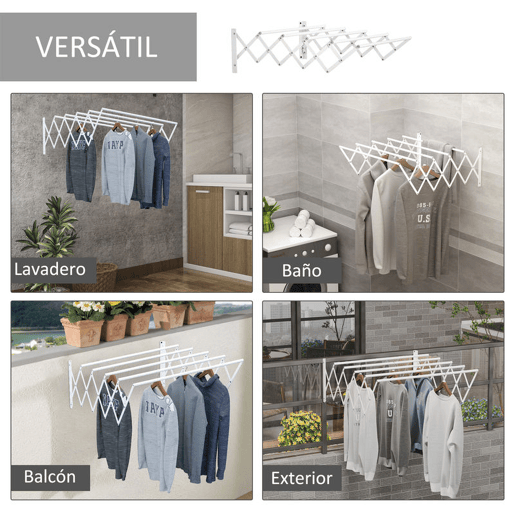 HOMCOM Estendal de Parede Extensível de 63,5cm de Metal com 5 Barras para Interior e Exterior Carga 10kg 63,5x60x20cm Branco HOMCOM Estendal de Parede Extensível de 63,5cm de Metal com 5 Barras para Interior e Exterior Carga 10kg 63,5x60x20cm Branco
