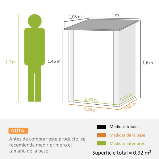 Outsunny Abrigo de Jardim 0,92 m² 100x103x160cm Abrigo Exterior de Aço Galvanizado com Porta Fechadura e Teto Inclinado para Armazenamento de Ferramentas Cinza Escuro