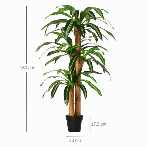 Outsunny Planta Artificial Decorativa Dracaena com Pote Árvore Sintética 66 Folhas para Jardim Varanda Escritório Sala Ø20x160 cm Verde