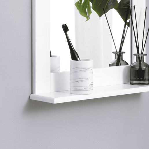 kleankin Espelho de Casa de Banho 50x11,x5x60cm Espelho de Parede Moderno com Prateleira de Armazenamento e Estrutura de Madeira para Dormitório Casa de Banho Branco