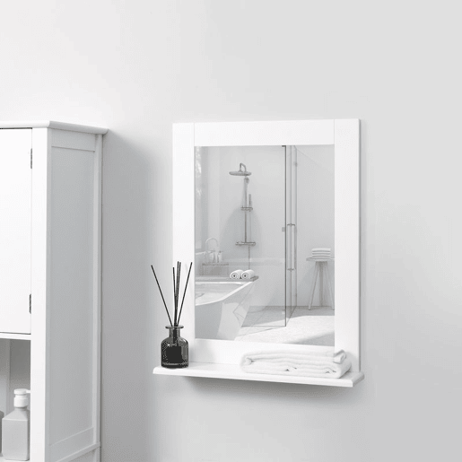 kleankin Espelho de Casa de Banho 50x11,x5x60cm Espelho de Parede Moderno com Prateleira de Armazenamento e Estrutura de Madeira para Dormitório Casa de Banho Branco