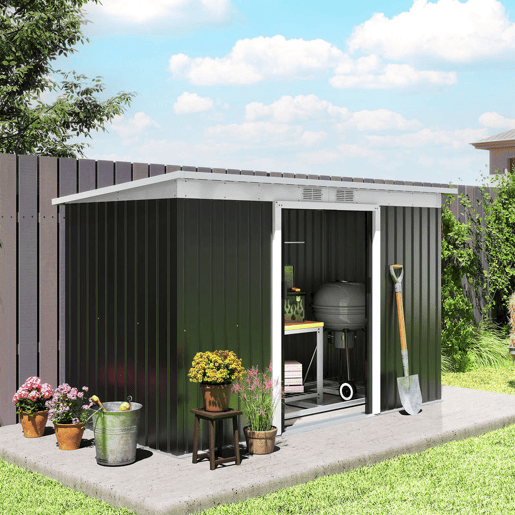Outsunny Abrigo de Jardim 280x130x172cm Abrigo de Exterior de Aço Galvanizado com Porta Corredeira e Ventilações para Armazenamento de Ferramentas Cinza Escuro