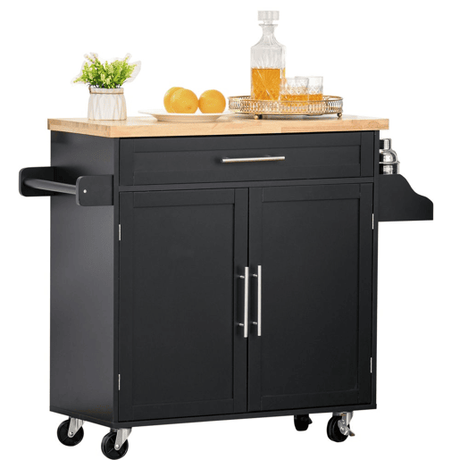 HOMCOM Carrinho de Cozinha com Armário Portas e Prateleira Interior Ajustável Gaveta Barra e Suporte para Temperos Móvel Aparador Auxiliar com Rodas para Sala de Jantar 109x40x89cm Preto
