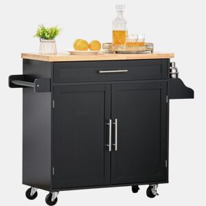 HOMCOM Carrinho de Cozinha com Armário Portas e Prateleira Interior Ajustável Gaveta Barra e Suporte para Temperos Móvel Aparador Auxiliar com Rodas para Sala de Jantar 109x40x89cm Preto