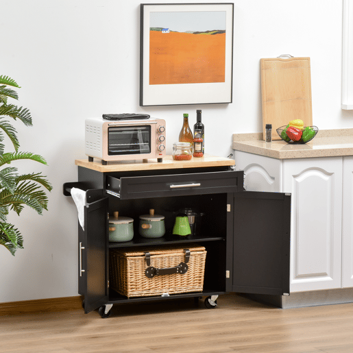 HOMCOM Carrinho de Cozinha com Armário Portas e Prateleira Interior Ajustável Gaveta Barra e Suporte para Temperos Móvel Aparador Auxiliar com Rodas para Sala de Jantar 109x40x89cm Preto