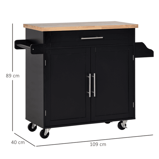HOMCOM Carrinho de Cozinha com Armário Portas e Prateleira Interior Ajustável Gaveta Barra e Suporte para Temperos Móvel Aparador Auxiliar com Rodas para Sala de Jantar 109x40x89cm Preto
