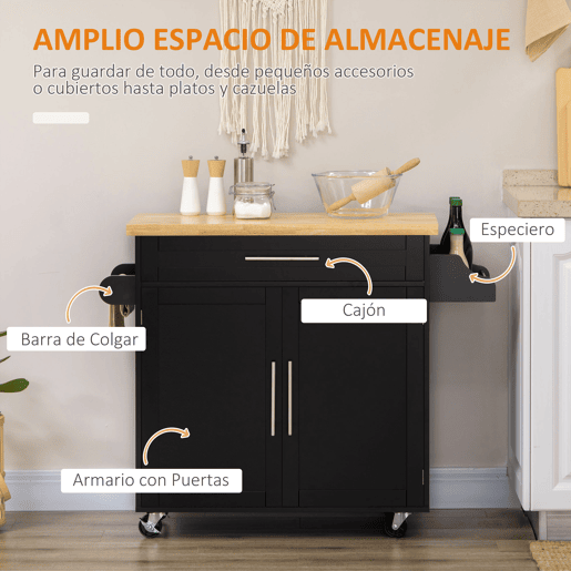 HOMCOM Carrinho de Cozinha com Armário Portas e Prateleira Interior Ajustável Gaveta Barra e Suporte para Temperos Móvel Aparador Auxiliar com Rodas para Sala de Jantar 109x40x89cm Preto