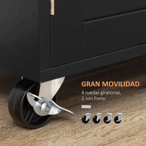 HOMCOM Carrinho de Cozinha com Armário Portas e Prateleira Interior Ajustável Gaveta Barra e Suporte para Temperos Móvel Aparador Auxiliar com Rodas para Sala de Jantar 109x40x89cm Preto