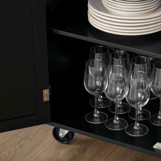 HOMCOM Carrinho de Cozinha com Armário Portas e Prateleira Interior Ajustável Gaveta Barra e Suporte para Temperos Móvel Aparador Auxiliar com Rodas para Sala de Jantar 109x40x89cm Preto