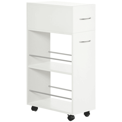 HOMCOM Carrinho de Cozinha com 1 Gaveta e 2 Prateleiras Abertas Carrinho de Cozinha Auxiliar cm Rodas para Sala de Jantar Casa de Banho 25x50x85cm Branco
