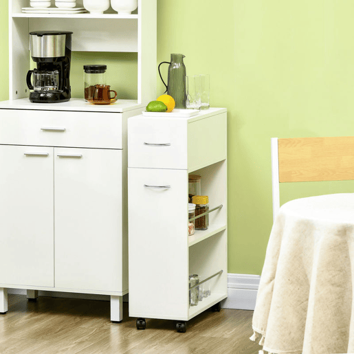 HOMCOM Carrinho de Cozinha com 1 Gaveta e 2 Prateleiras Abertas Carrinho de Cozinha Auxiliar cm Rodas para Sala de Jantar Casa de Banho 25x50x85cm Branco
