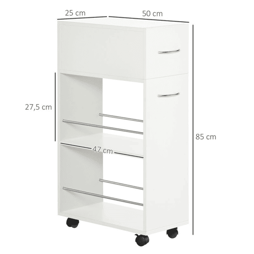 HOMCOM Carrinho de Cozinha com 1 Gaveta e 2 Prateleiras Abertas Carrinho de Cozinha Auxiliar cm Rodas para Sala de Jantar Casa de Banho 25x50x85cm Branco