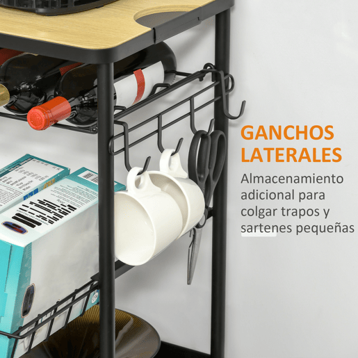 HOMCOM Carrinho de Cozinha com Rodas Carrinho de Cozinha Multiuso com Suporte para Garrafas Cesta Removível e 4 Ganchos para Sala de Jantar Sala de Estar 60,5x35,5x75cm Preto e Carvalho