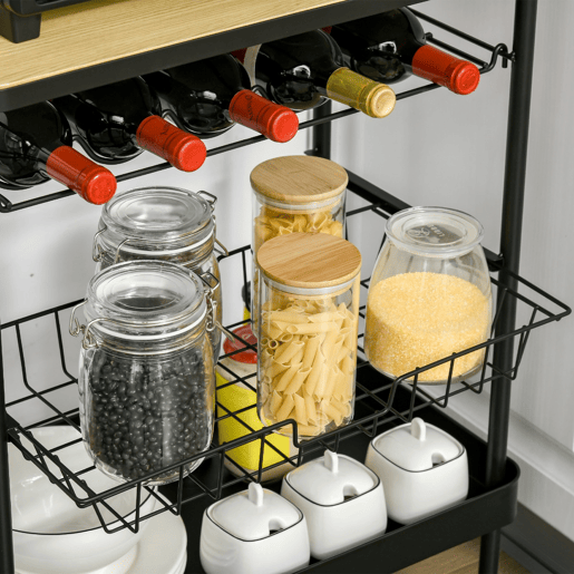 HOMCOM Carrinho de Cozinha com Rodas Carrinho de Cozinha Multiuso com Suporte para Garrafas Cesta Removível e 4 Ganchos para Sala de Jantar Sala de Estar 60,5x35,5x75cm Preto e Carvalho