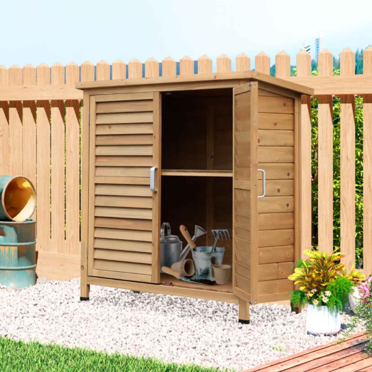 Outsunny cobertizo de almacenamiento de madera para jardín 87x46,5x96,5 cm con 2 estantes interiores 2 puertas de buena ventilación y techo inclinado para exterior terreza natural