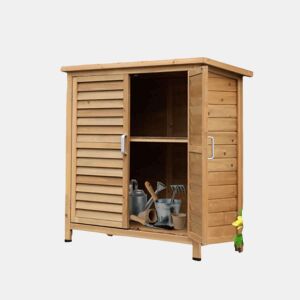 Outsunny Armário de Armazenamento de Madeira para Jardim com 2 Prateleiras Interiores 2 Portas e Teto Inclinado para Exterior Terraço 87x46,5x96,5cm Natural
