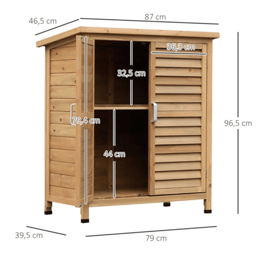 Outsunny Armário de Armazenamento de Madeira para Jardim com 2 Prateleiras Interiores 2 Portas e Teto Inclinado para Exterior Terraço 87x46,5x96,5cm Natural