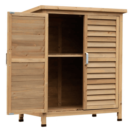 Outsunny Armário de Armazenamento de Madeira para Jardim com 2 Prateleiras Interiores 2 Portas e Teto Inclinado para Exterior Terraço 87x46,5x96,5cm Natural