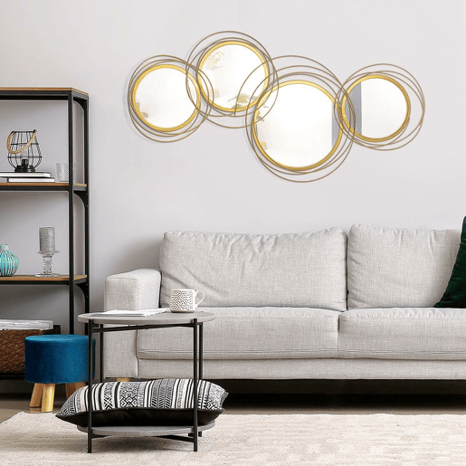 HOMCOM Decoração de Parede de Metal 3D de Espelhos Redondos 107x56cm Arte de Parede Decoração de Parede Metálica para Sala de Estar Dormitório Cozinha Dourado