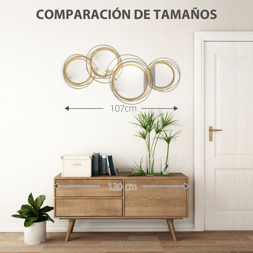 HOMCOM Decoração de Parede de Metal 3D de Espelhos Redondos 107x56cm Arte de Parede Decoração de Parede Metálica para Sala de Estar Dormitório Cozinha Dourado