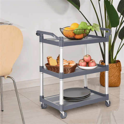 HOMCOM Carrinho Auxiliar com Rodas e Liga de Alumínio Carrinho de Cozinha com 3 Prateleiras Carrinho de Armazenamento Carga 105 kg para Sala de Jantar Casa de Banho 88x44x93 cm Cinza