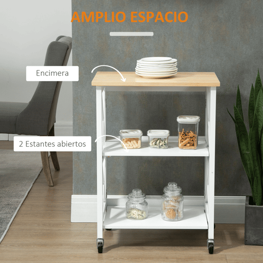 HOMCOM Carrinho de Cozinha Dobrável Carrinho de Serviço com Rodas e Prateleiras de 2 Níveis 60x40x84cm Branco