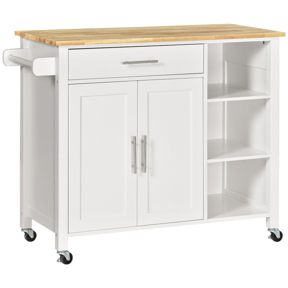 Homcom isla de cocina con ruedas mueble auxiliar de cocina con 1 cajón 2 puertas 3 estantes abiertos y barra lateral para comedor 107,5x48x89 cm blanco
