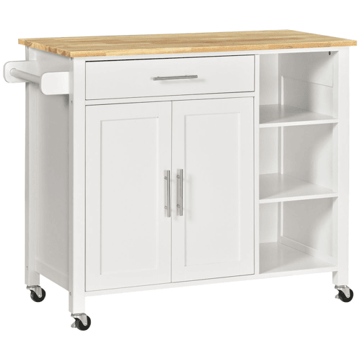 HOMCOM Carrinho de Cozinha com Rodas Móvel Auxiliar de Cozinha com 1 Gaveta 2 Portas 3 Prateleiras Abertas e Barra Lateral para Sala de Jantar 107,5x48x89cm Branco
