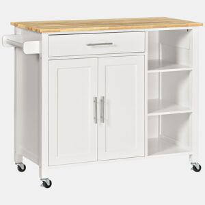 HOMCOM Carrinho de Cozinha com Rodas Móvel Auxiliar de Cozinha com 1 Gaveta 2 Portas 3 Prateleiras Abertas e Barra Lateral para Sala de Jantar 107,5x48x89cm Branco