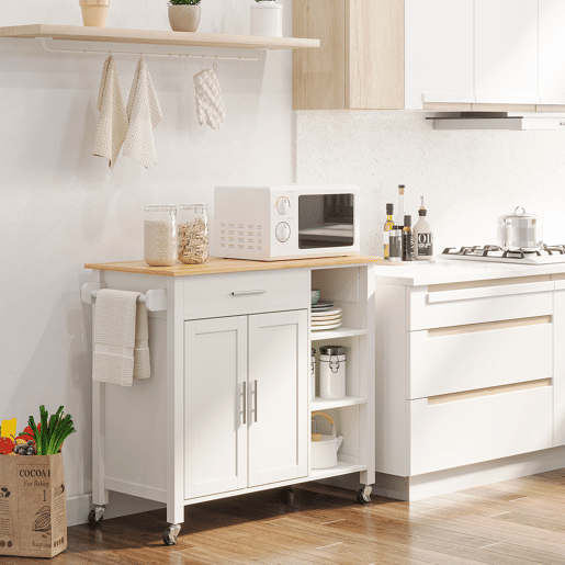 HOMCOM Carrinho de Cozinha com Rodas Móvel Auxiliar de Cozinha com 1 Gaveta 2 Portas 3 Prateleiras Abertas e Barra Lateral para Sala de Jantar 107,5x48x89cm Branco