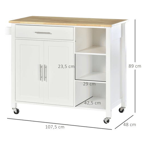 HOMCOM Carrinho de Cozinha com Rodas Móvel Auxiliar de Cozinha com 1 Gaveta 2 Portas 3 Prateleiras Abertas e Barra Lateral para Sala de Jantar 107,5x48x89cm Branco