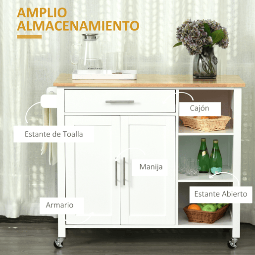 HOMCOM Carrinho de Cozinha com Rodas Móvel Auxiliar de Cozinha com 1 Gaveta 2 Portas 3 Prateleiras Abertas e Barra Lateral para Sala de Jantar 107,5x48x89cm Branco