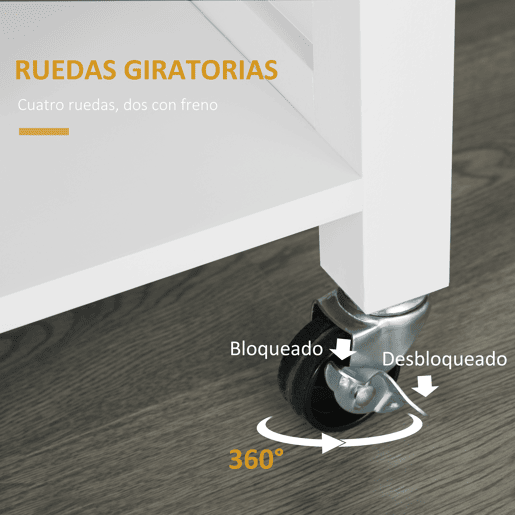 HOMCOM Carrinho de Cozinha com Rodas Móvel Auxiliar de Cozinha com 1 Gaveta 2 Portas 3 Prateleiras Abertas e Barra Lateral para Sala de Jantar 107,5x48x89cm Branco