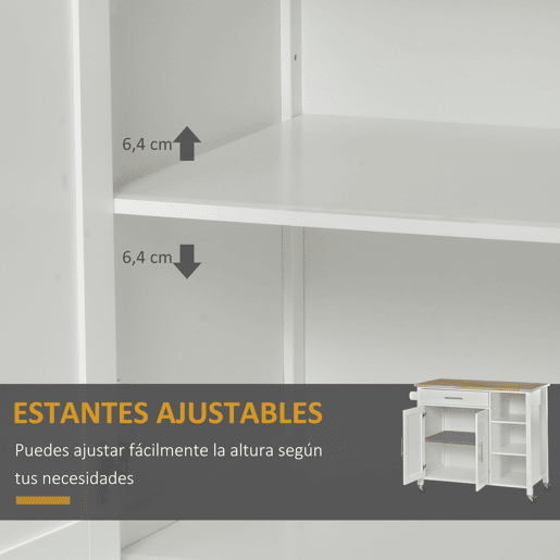 HOMCOM Carrinho de Cozinha com Rodas Móvel Auxiliar de Cozinha com 1 Gaveta 2 Portas 3 Prateleiras Abertas e Barra Lateral para Sala de Jantar 107,5x48x89cm Branco