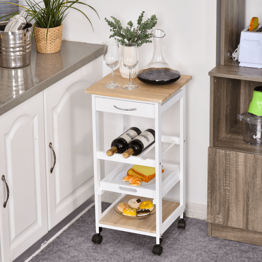 HOMCOM Carrinho de cozinha Carrinho de serviço de 4 níveis com rodas giratórias Gaveta Prateleiras Garrafeira Armazenamento De Cozinha Sala de estar Sala de jantar 37x37x76 cm Branco