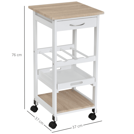 HOMCOM Carrinho de cozinha Carrinho de serviço de 4 níveis com rodas giratórias Gaveta Prateleiras Garrafeira Armazenamento De Cozinha Sala de estar Sala de jantar 37x37x76 cm Branco