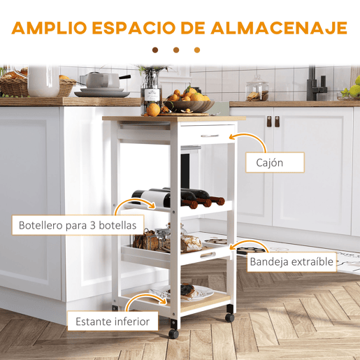 HOMCOM Carrinho de cozinha Carrinho de serviço de 4 níveis com rodas giratórias Gaveta Prateleiras Garrafeira Armazenamento De Cozinha Sala de estar Sala de jantar 37x37x76 cm Branco